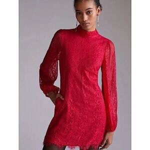 Anthropologie Maeve sz 14 Open-Back Lace Mini Dress Red